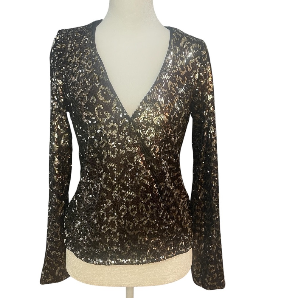 Zara Black and Gold Sequin Animal Print Wrap Blouse